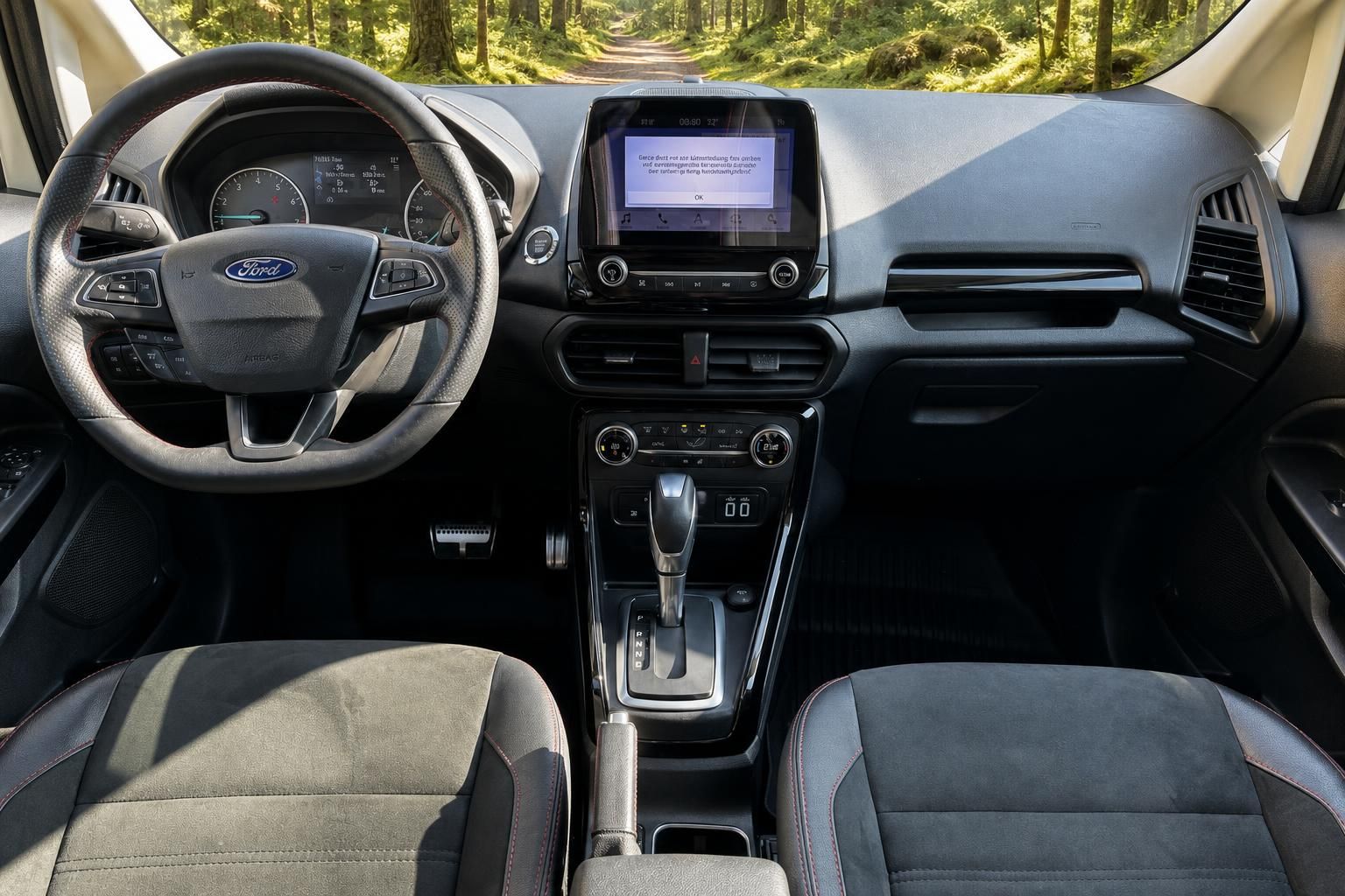 Ford Armaturenbrett - schwarzes Cockpit mit Touchscreen und Automatikgetriebe