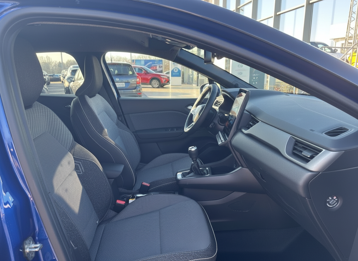 Renault Clio Innenraum blau – Fahrersitz, Armaturenbrett und Touchscreen-Display