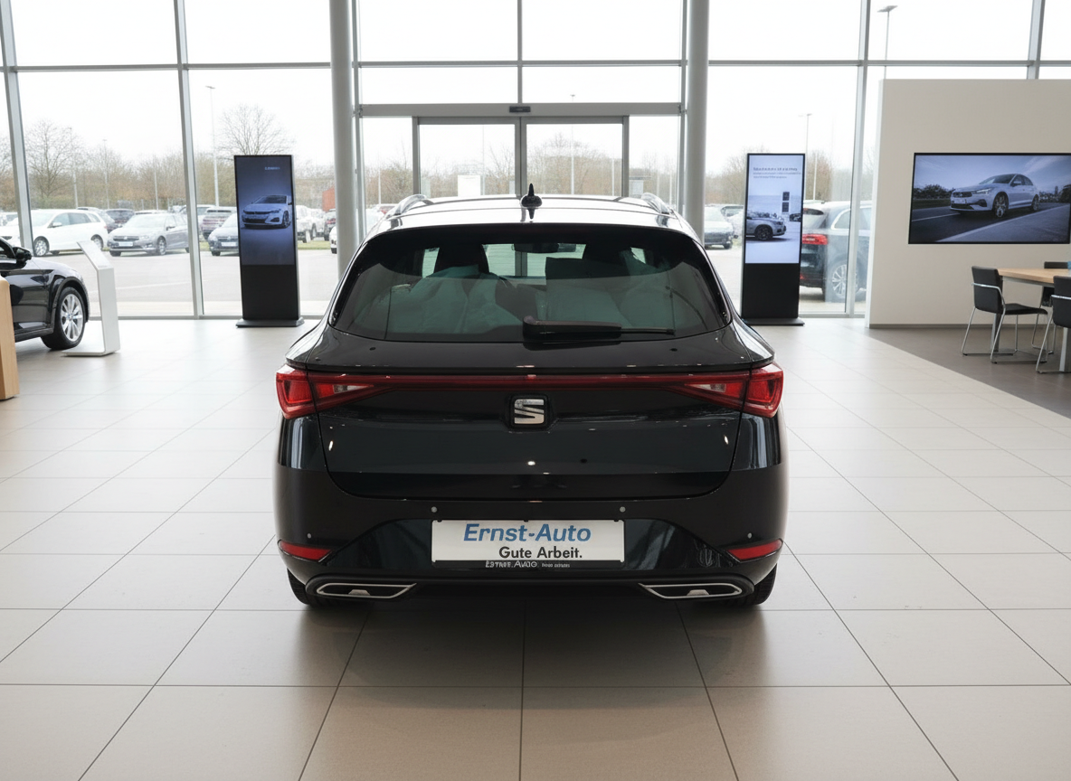 Schwarzer SEAT Leon ST Kombi Heckansicht im Autohaus Ernst-Auto