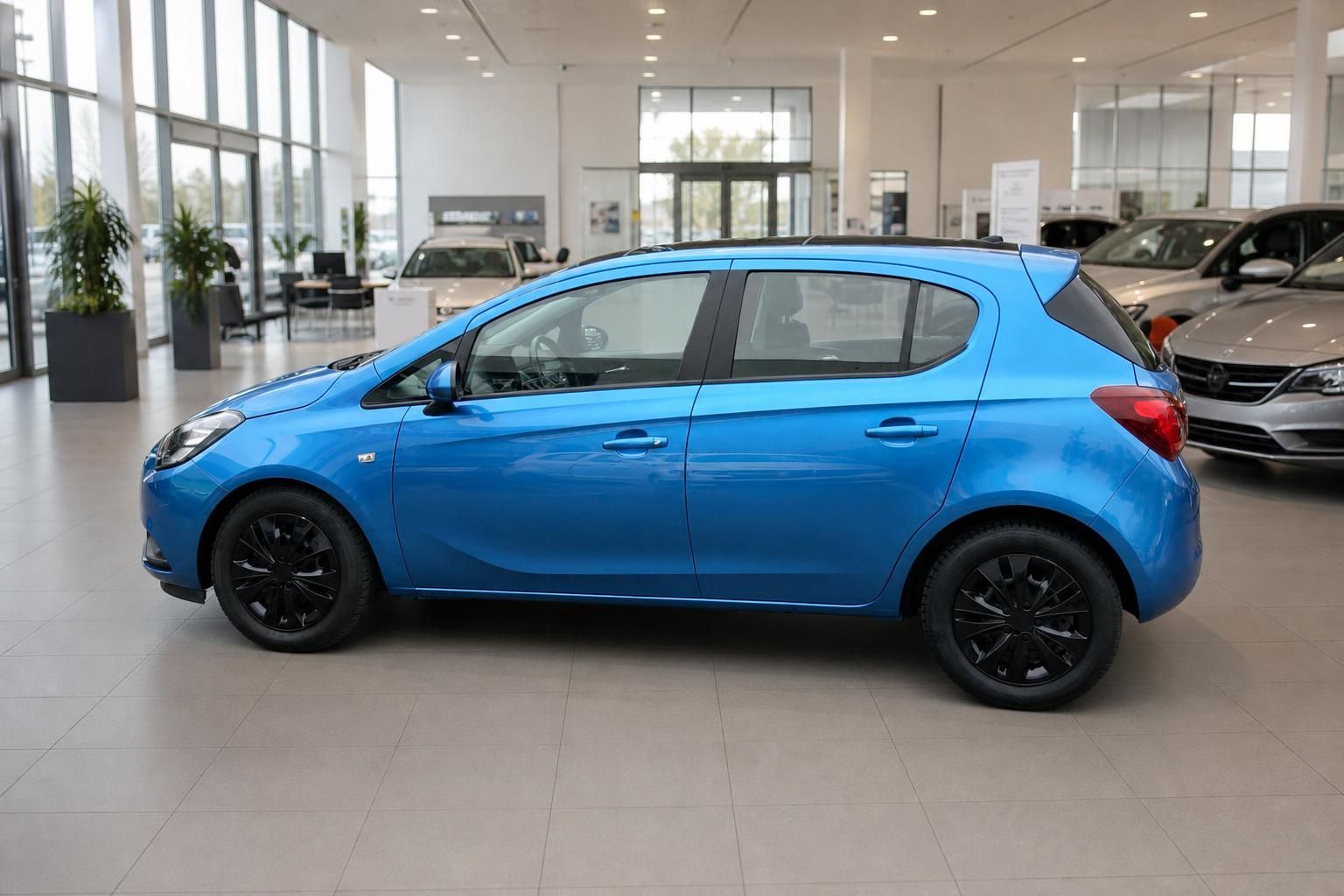 Blauer Opel Corsa Kleinwagen Seitenansicht im Autohaus - kompakter Fünftürer