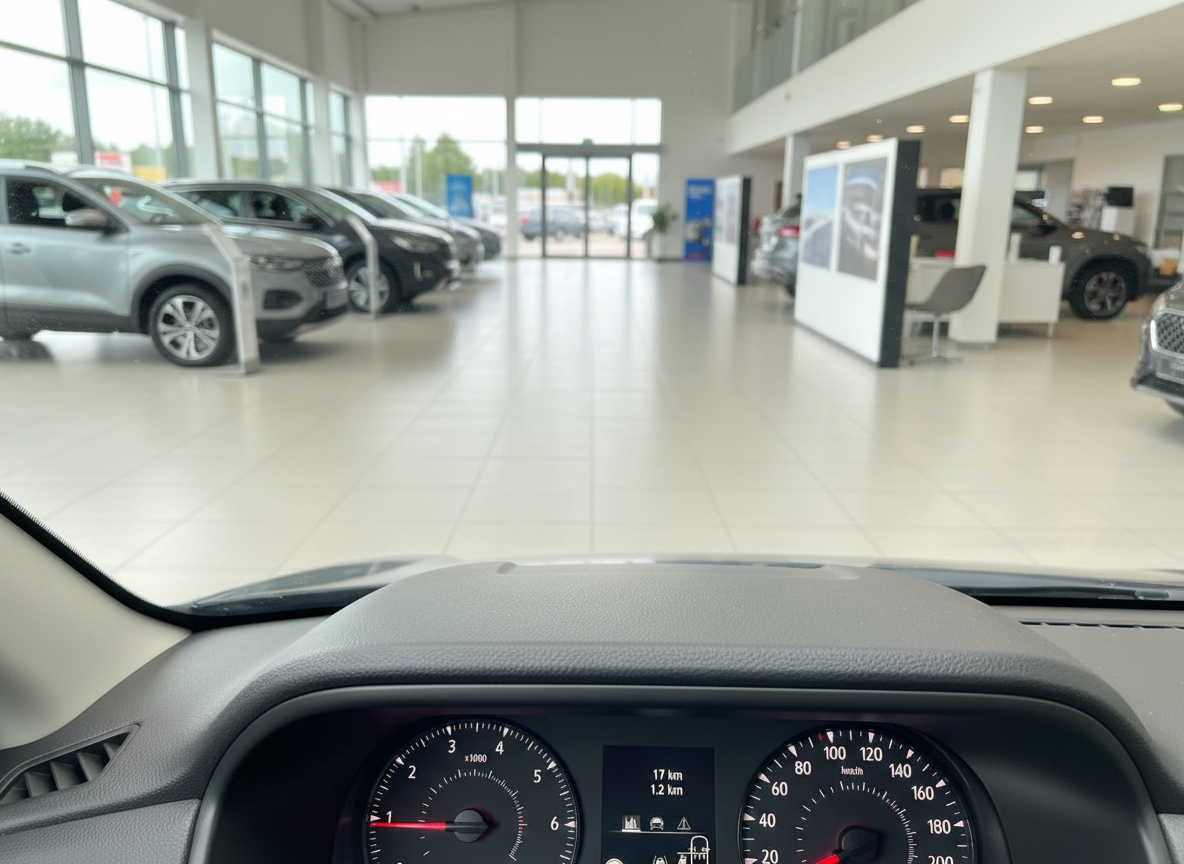 Blick aus Fahrzeug-Cockpit auf Autohaus-Showroom mit Tachoanzeige 17 km Kilometerstand