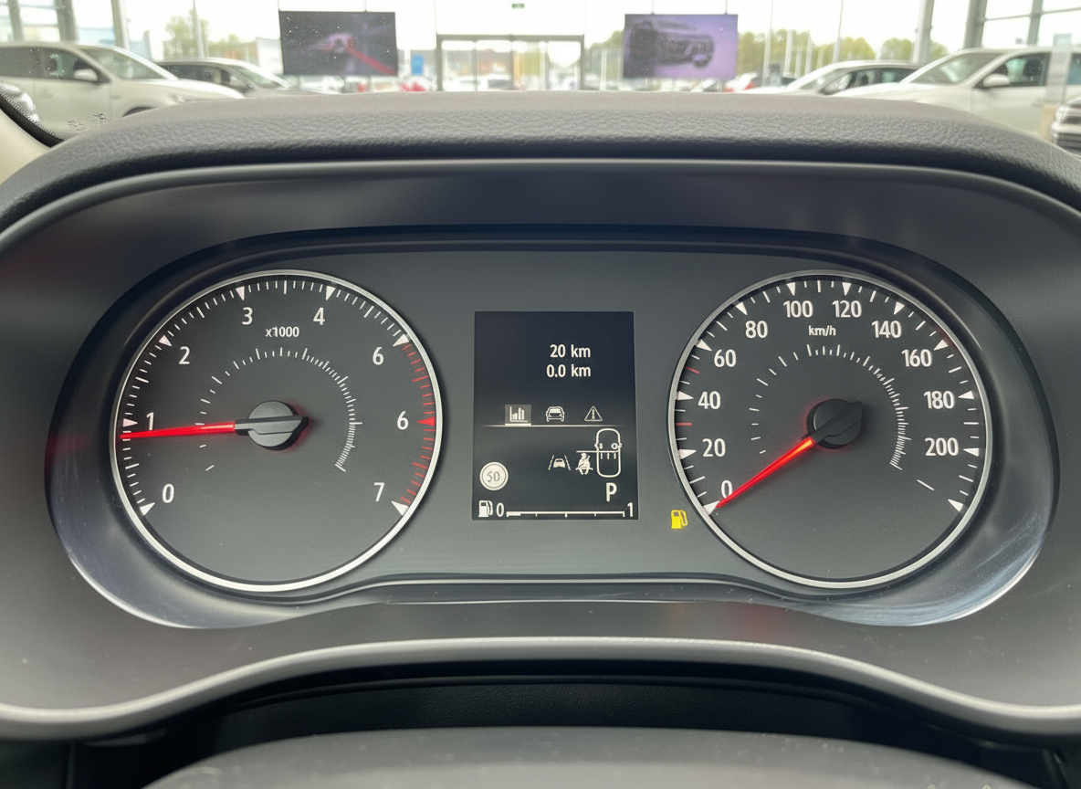 Tacho und Instrumentenanzeige Renault Fahrzeug mit 20 km Kilometerstand Innenraumfoto