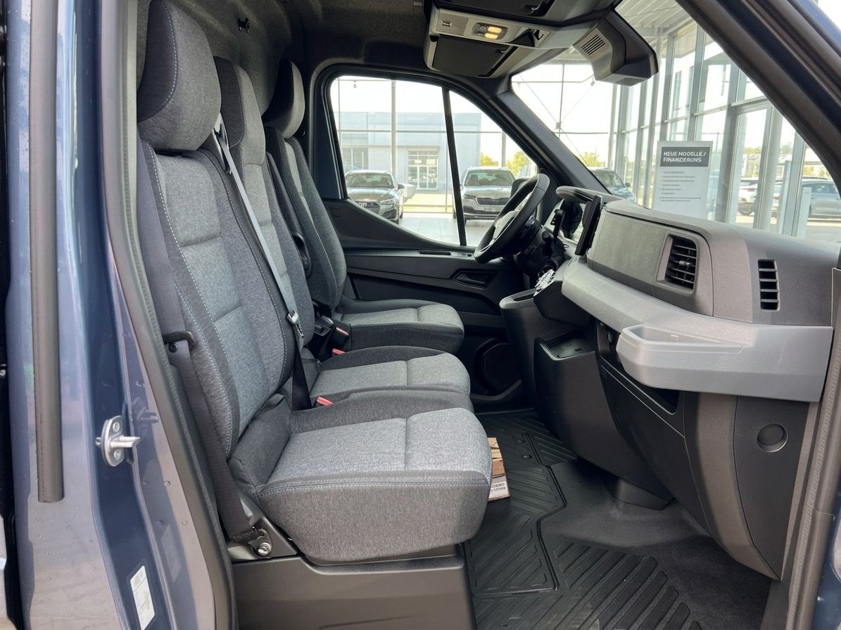 Innenraum Transporter mit Fahrer- und Beifahrersitz, graue Stoffpolsterung und Mittelkonsole