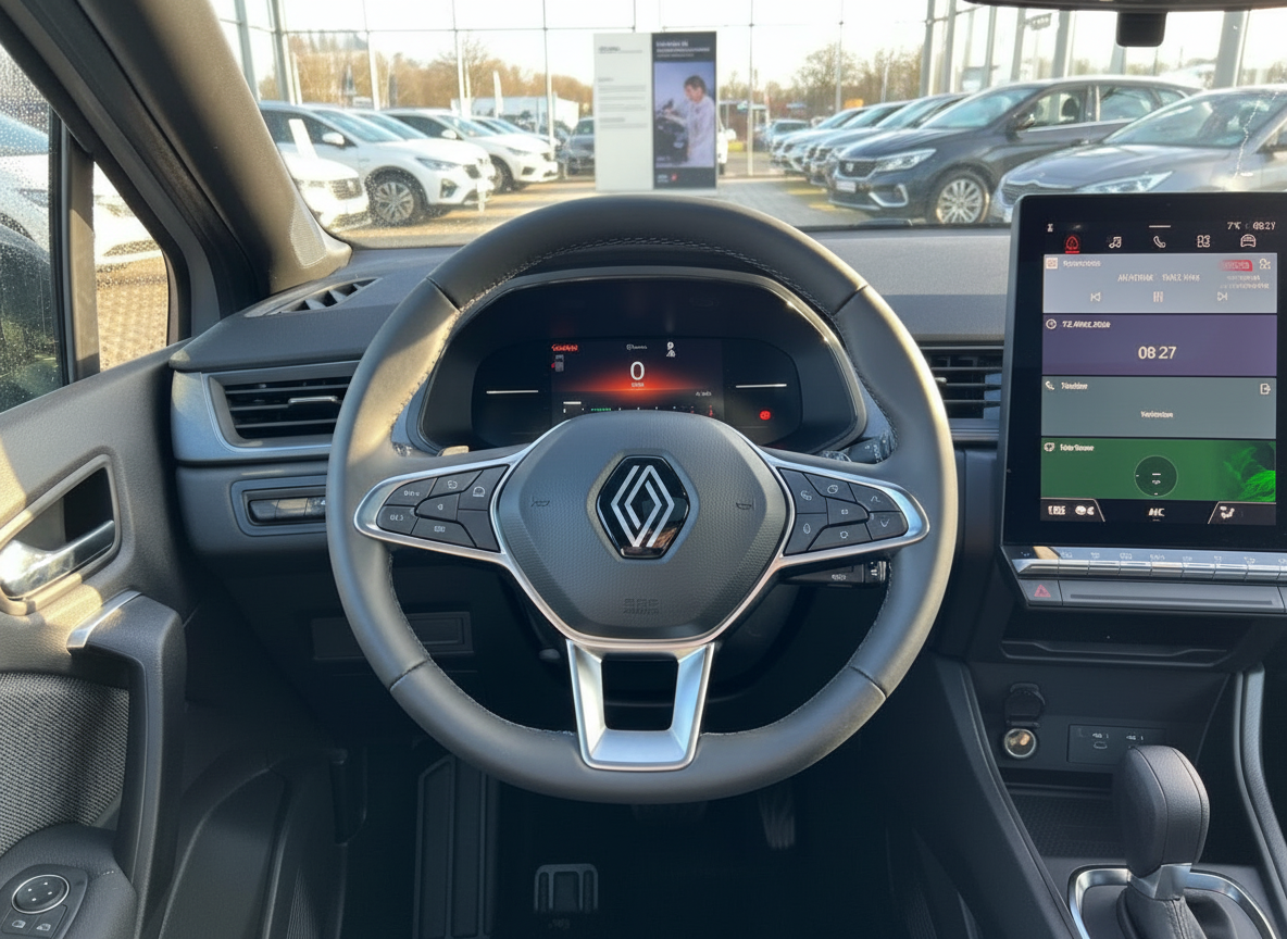 Renault Innenraum mit Lenkrad, digitalem Cockpit und großem Infotainment-Touchscreen