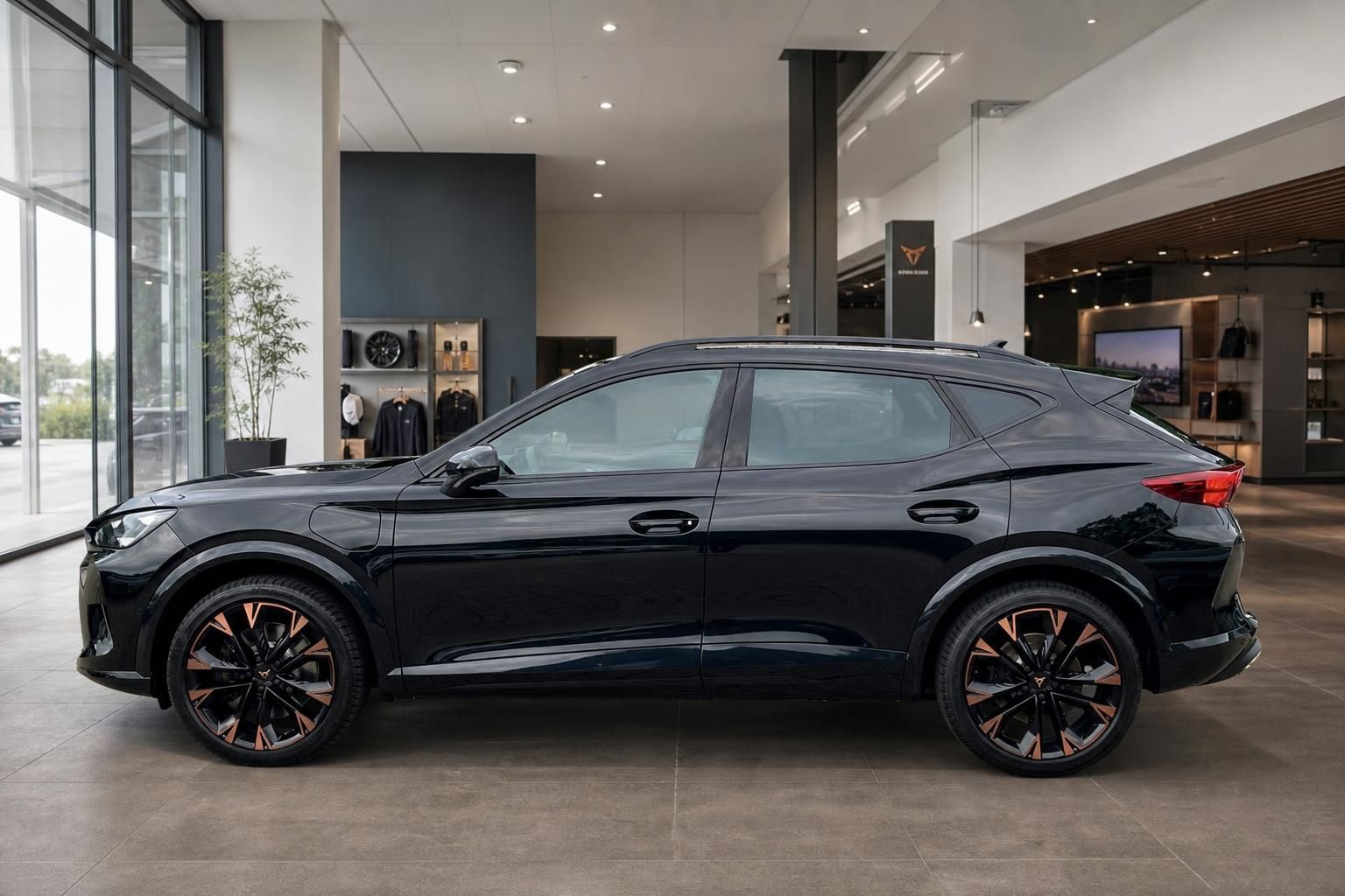 Cupra Formentor schwarz Seitenansicht mit Kupferfelgen im Showroom