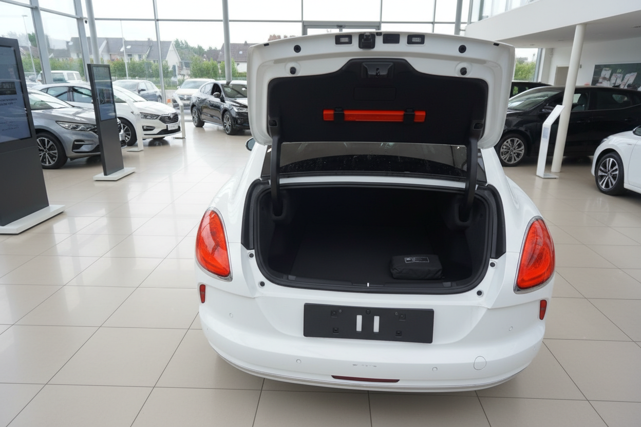 Weißer MINI Hatchback mit geöffnetem Kofferraum im Autohaus Showroom