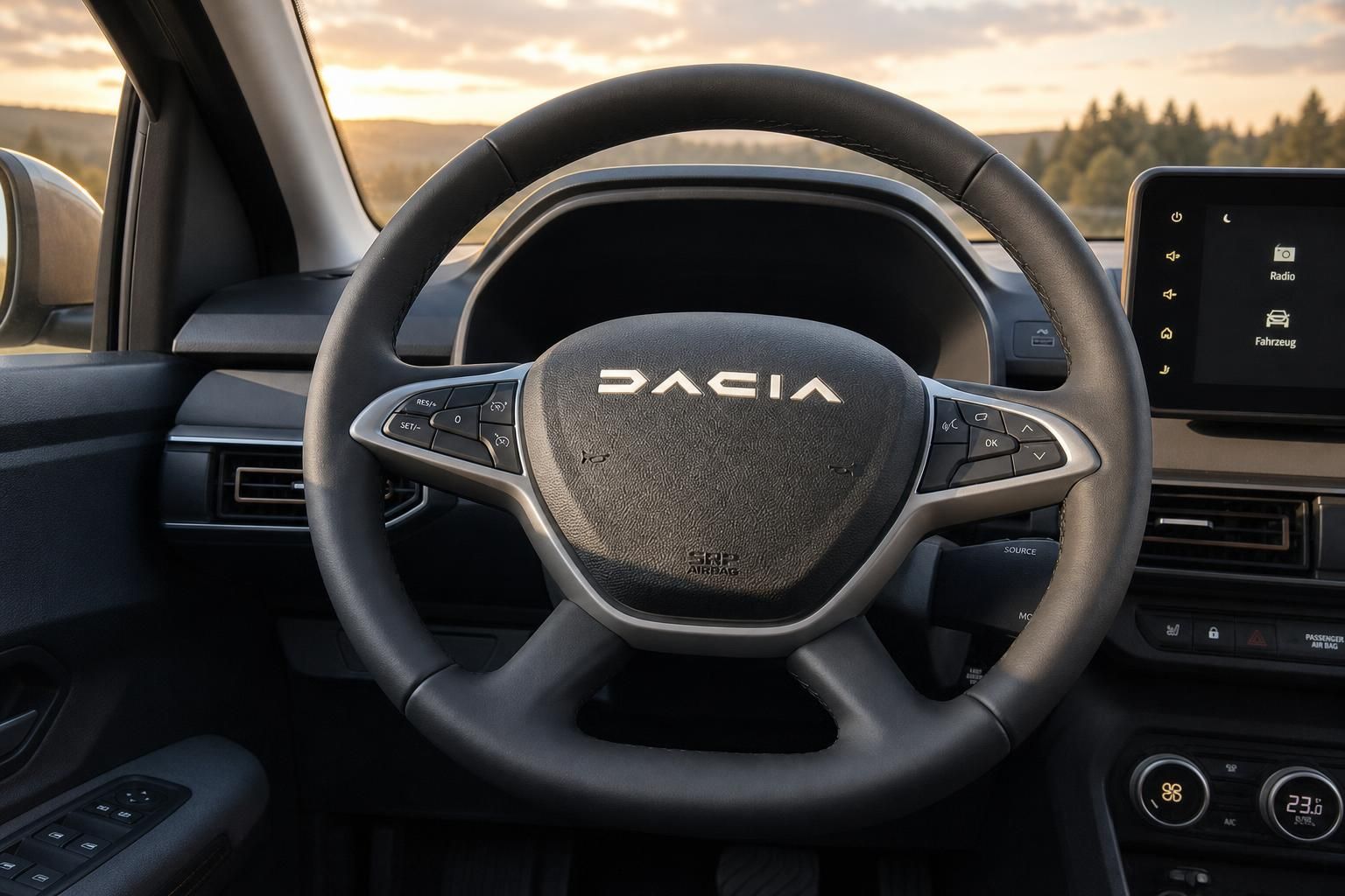 Dacia Fahrzeug Innenraum mit Lenkrad, Armaturenbrett und Infotainment-Display bei Sonnenuntergang