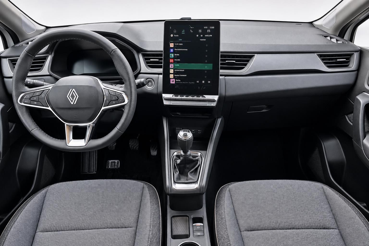 Renault Cockpit mit Lenkrad, Touchscreen und Vordersitzen im Detail