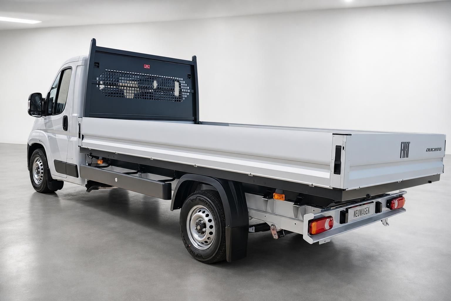 Fiat Ducato Pritschenwagen Heckansicht mit Bordwand und Ladefläche
