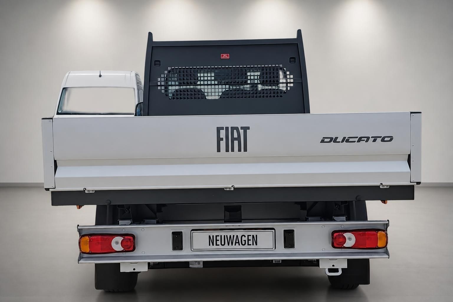 Fiat Ducato Pritsche mit Bordwand, Heckansicht im Studio