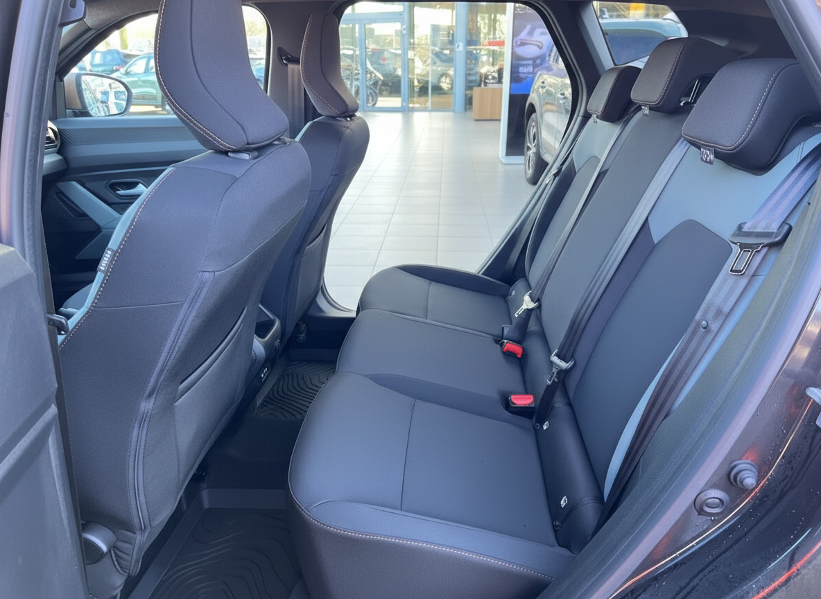 Fahrzeuginnenraum Rücksitzbank mit schwarzen Stoff-Ledersitzen und Sicherheitsgurten