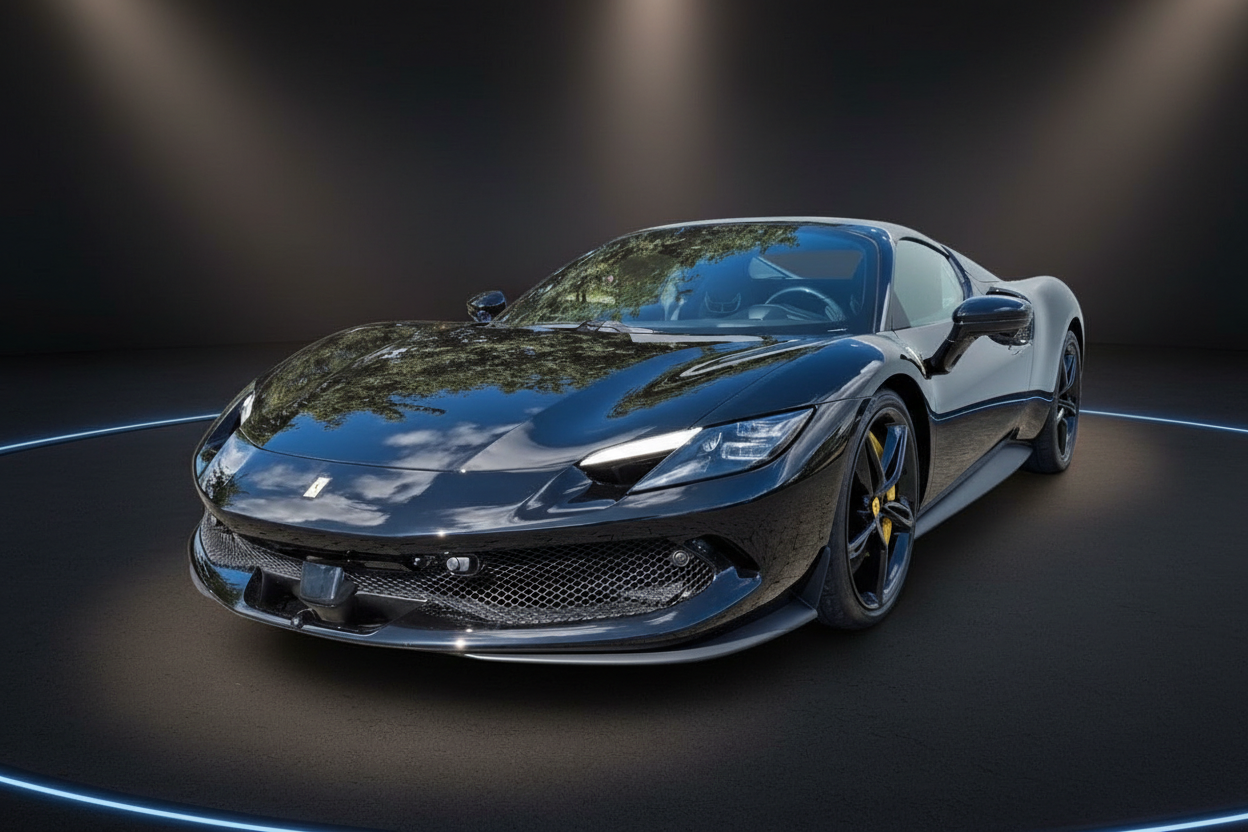 Schwarzer Ferrari 296 GTB Sportwagen Frontansicht im Fotostudio