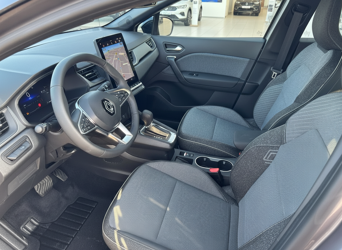 Renault Innenraum mit digitalem Cockpit, Touchscreen-Navigation und grauen Stoffsitzen