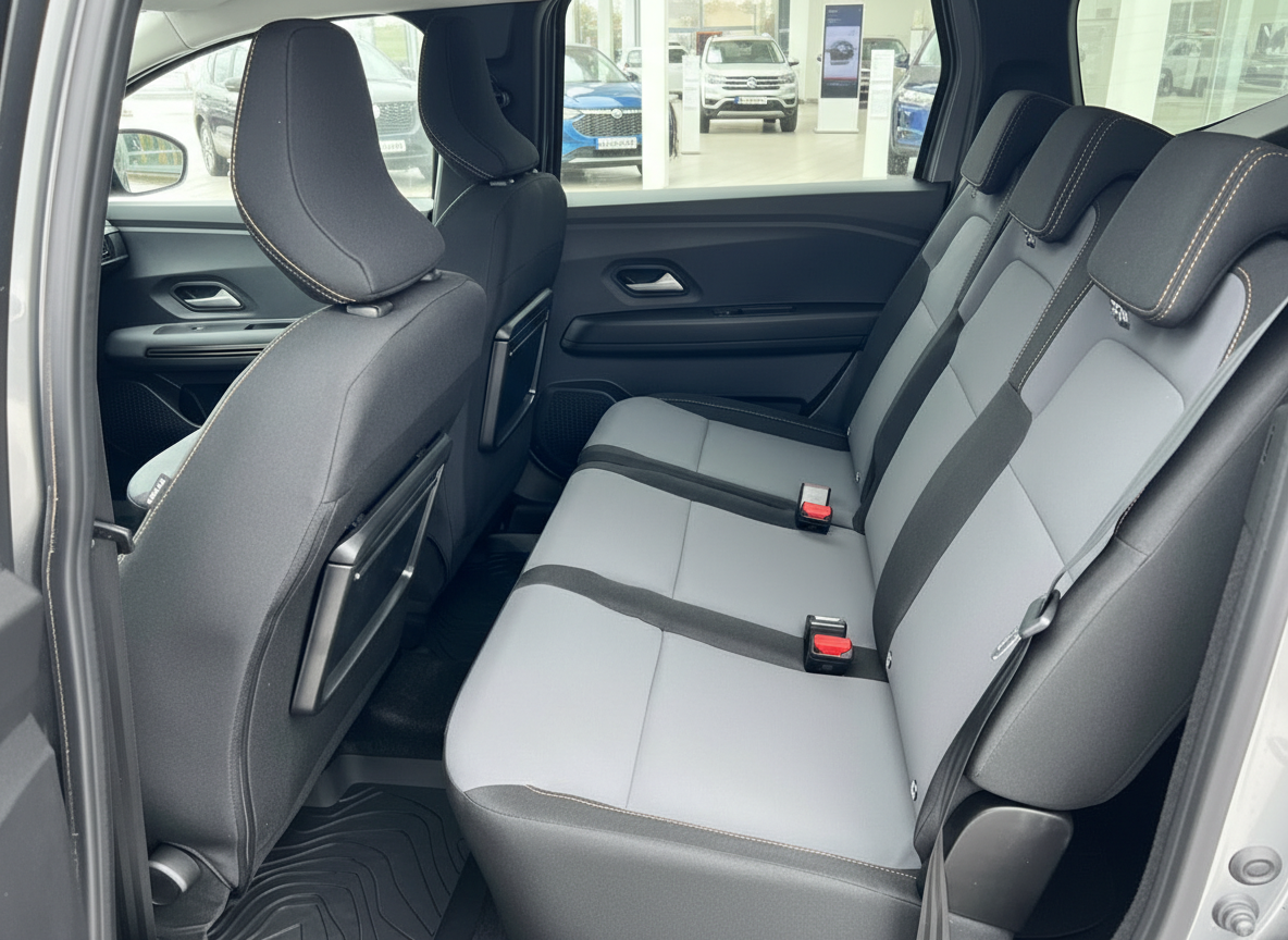 Rücksitzbank Innenraum mit grau-schwarzer Polsterung und Sicherheitsgurten im SUV-Fahrzeug