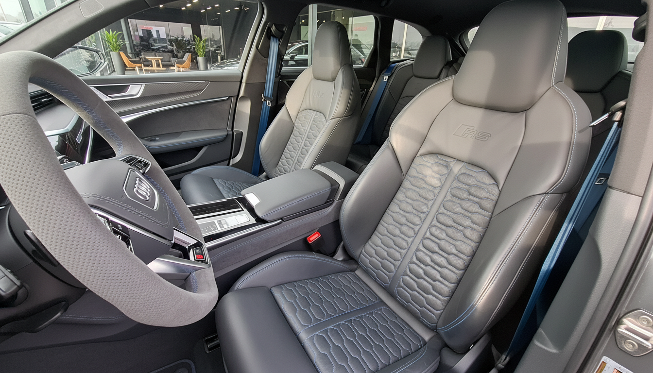 Audi RS Innenraum mit grauen Ledersportsitzen, Alcantara-Lenkrad und RS-Logo, luxuriöses Interieur mit Wabenmuster-Polsterung und blauer Kontrastnaht im Autohaus
