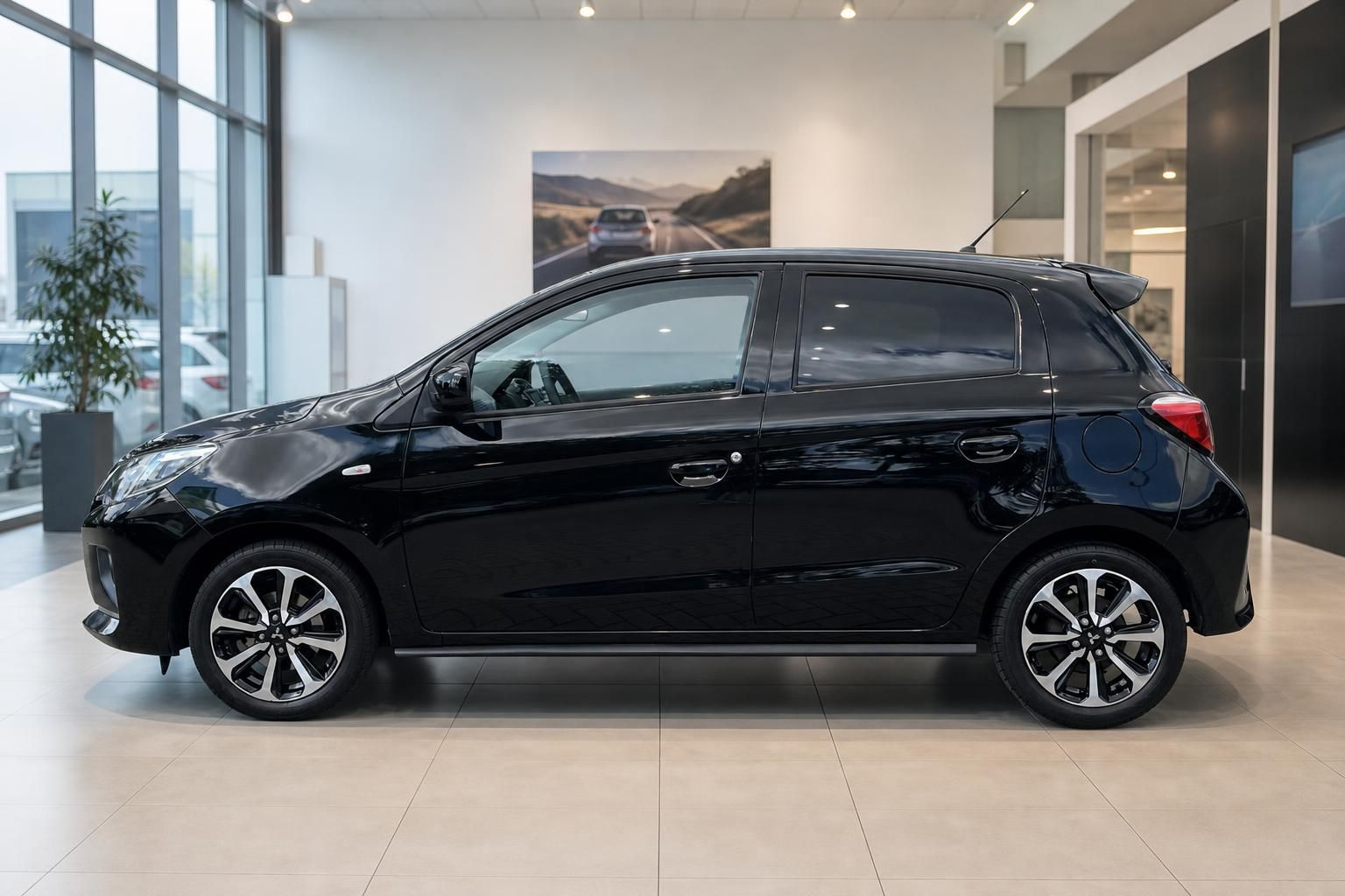 Mitsubishi Space Star schwarz, Seitenansicht im Autohaus