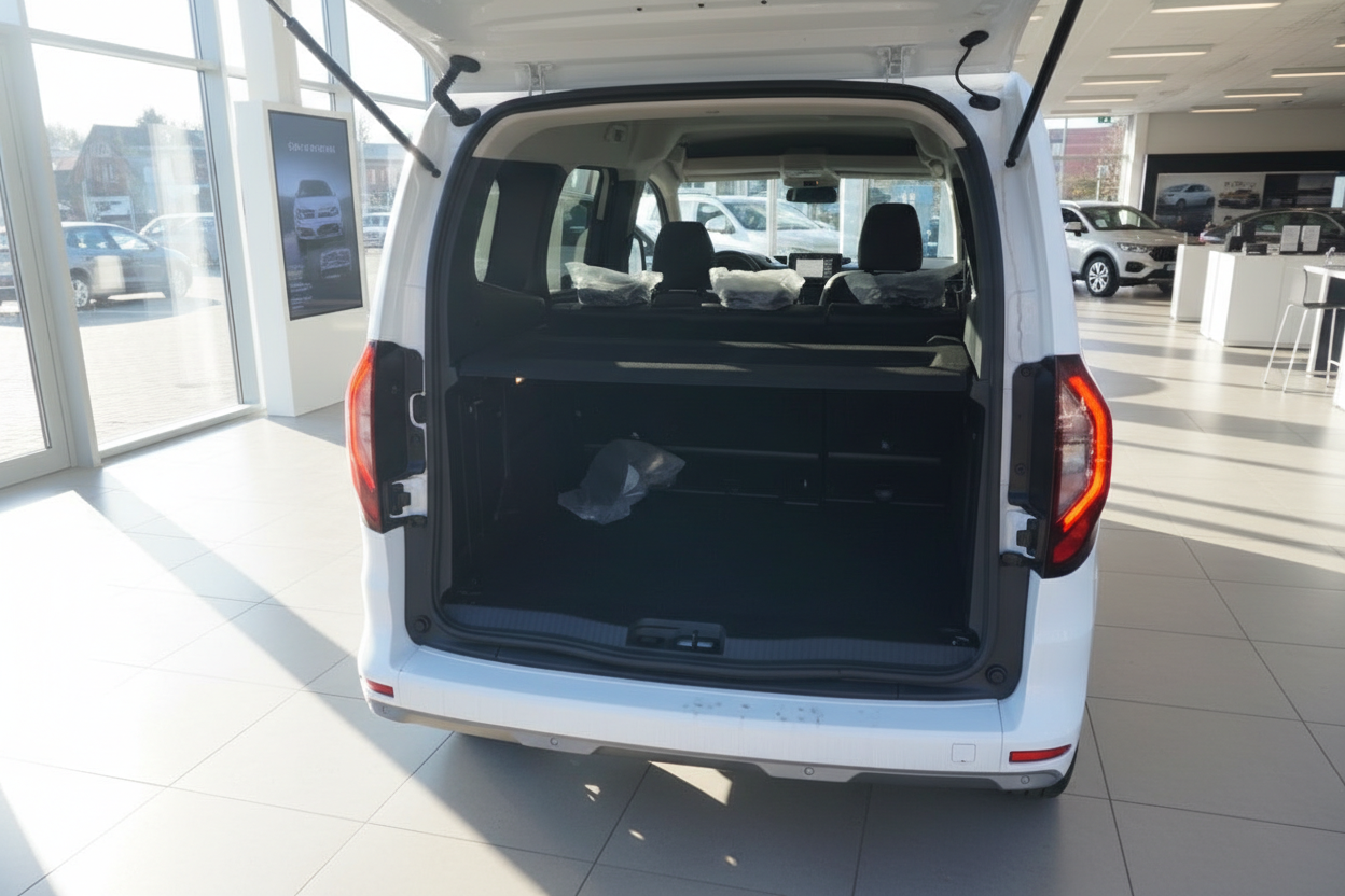 Weißer VW Caddy Cargo mit geöffneter Heckklappe im Autohaus – großer Laderaum