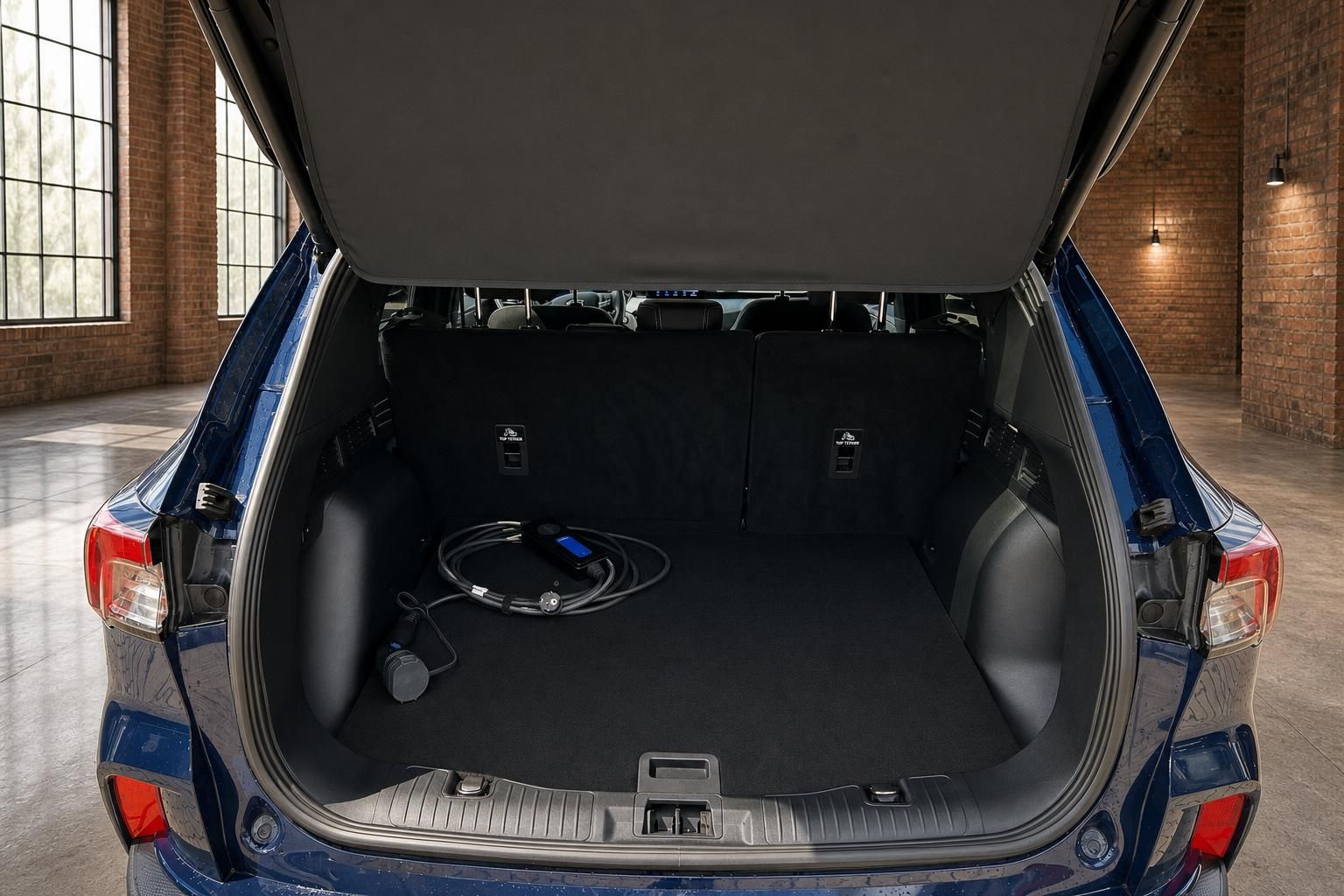 Ford Kuga Kofferraum blau mit Ladekabel, offene Heckklappe