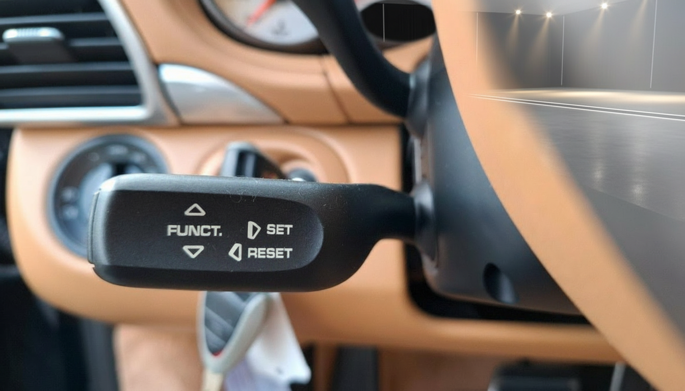 Porsche Lenkstockhebel mit FUNCT., SET und RESET Tasten – Innenraumdetail