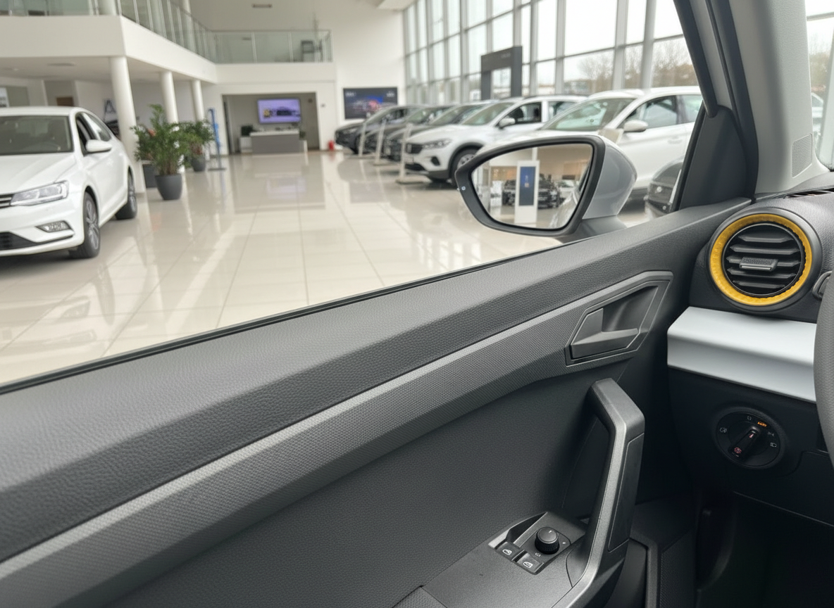 Fahrzeuginnenraum mit Türverkleidung und gelbem Lüftungsring in VW Autohaus Showroom