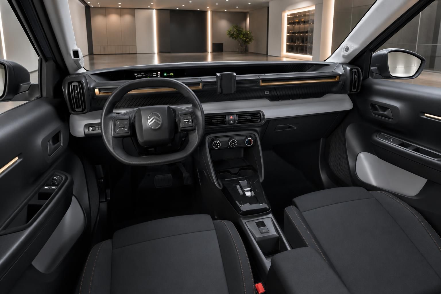 Innenraum des Citroën ë-C3 Aircross mit Cockpit und Lenkrad