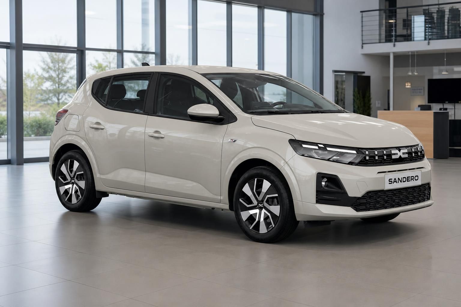 Dacia Sandero in Weiß, Frontansicht schräg im Showroom