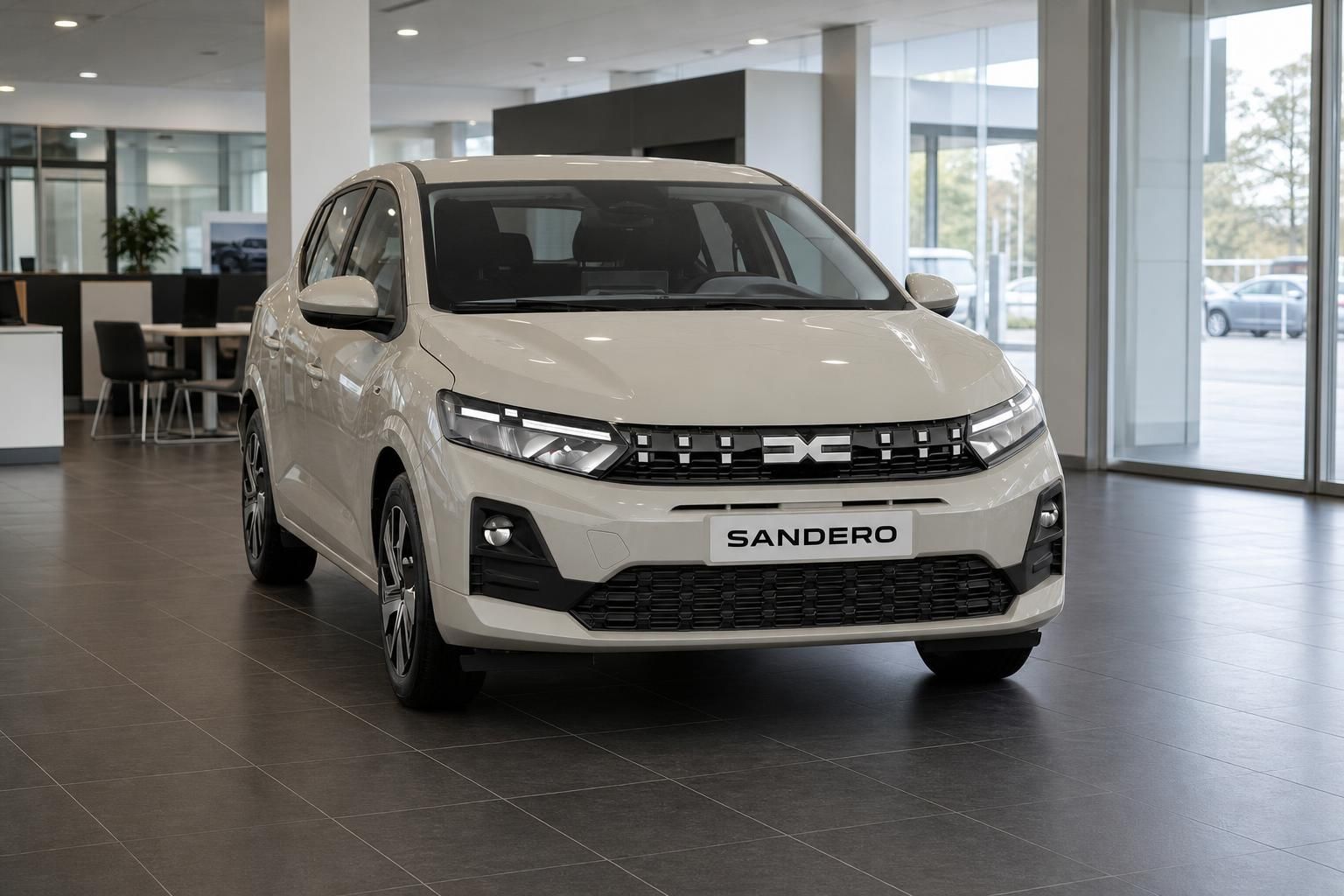 Dacia Sandero in Beige, Frontansicht im Autohaus-Showroom