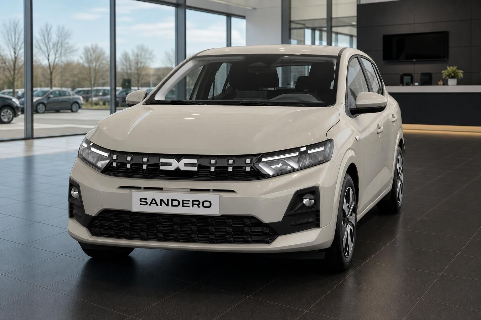 Dacia Sandero beige, Frontansicht mit LED-Scheinwerfern im Showroom