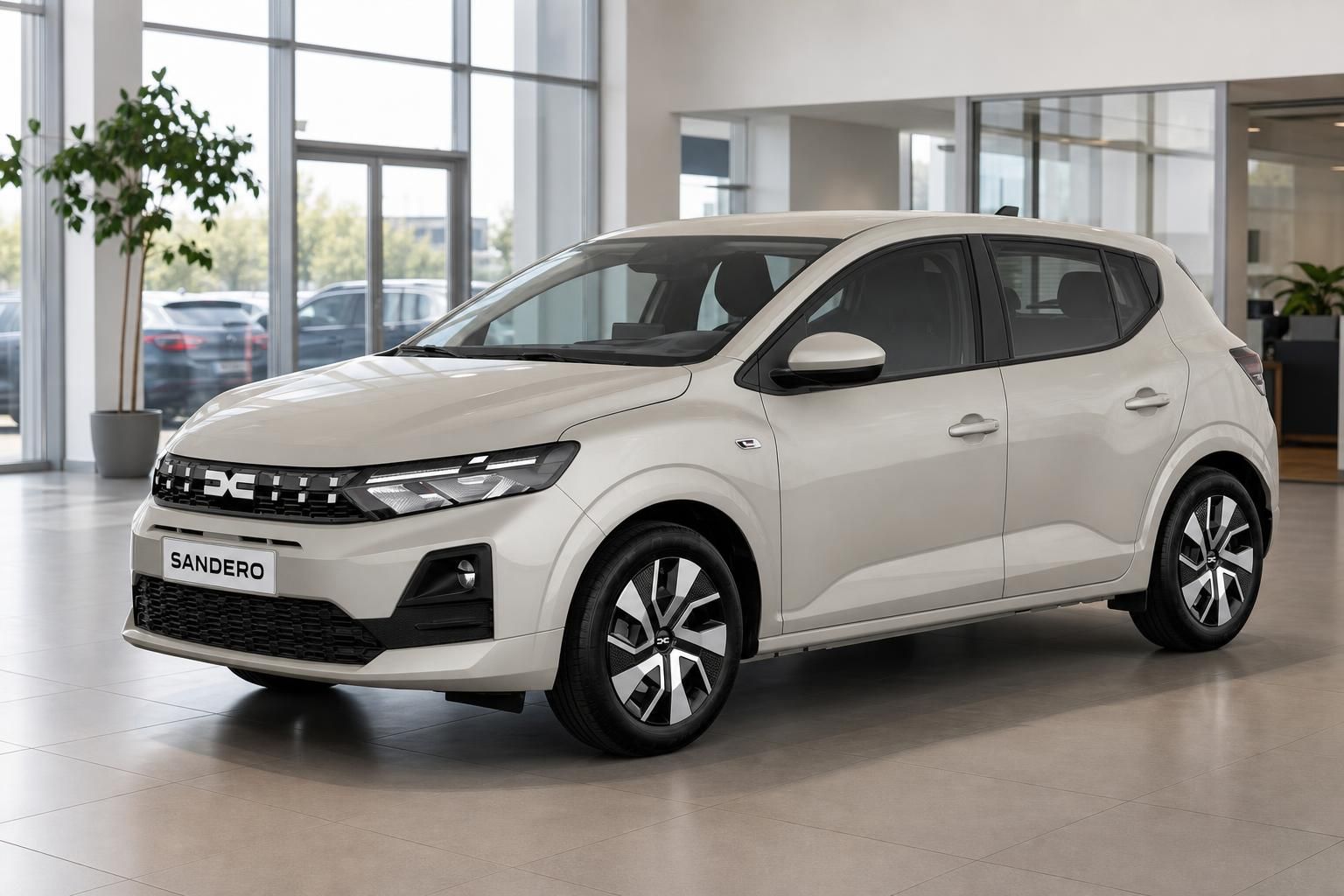 Dacia Sandero beige, Frontansicht schraeg im Autohaus-Showroom