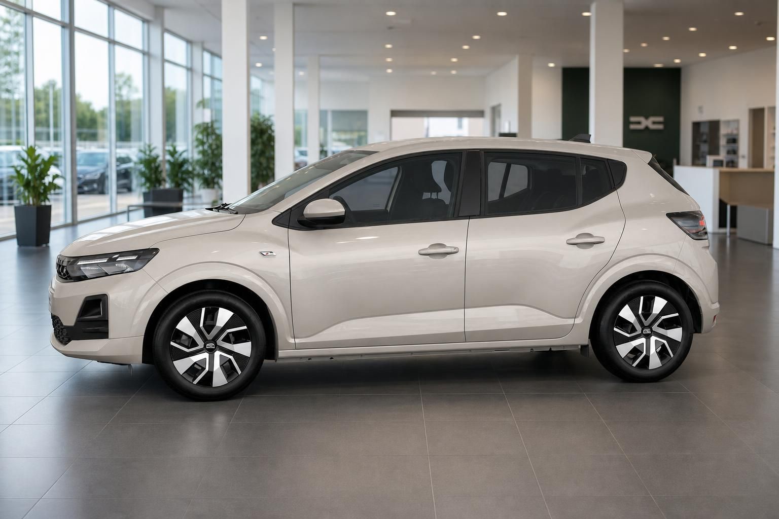 Dacia Sandero beige, Seitenansicht in moderner Autohaus-Ausstellung