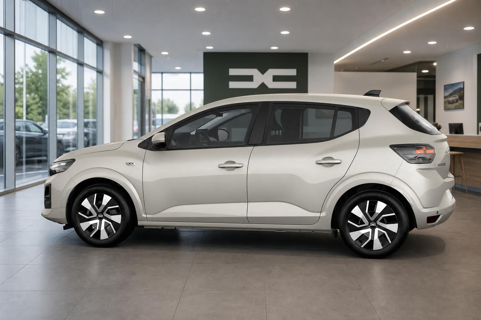 Dacia Sandero in Beige, Seitenansicht im Autohaus-Showroom