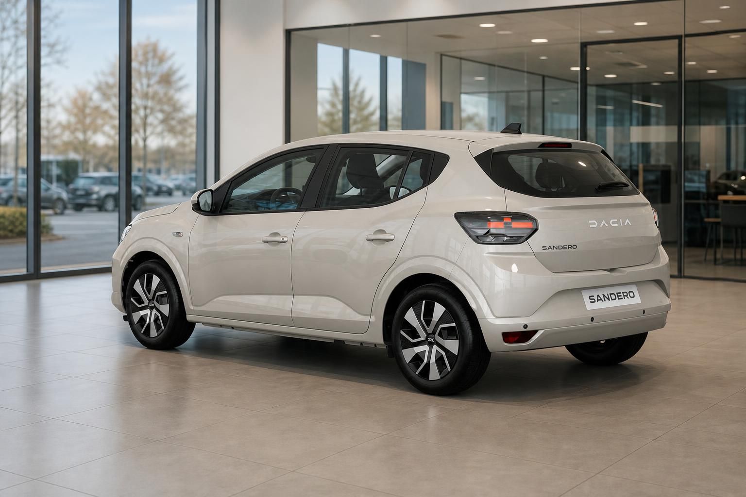 Dacia Sandero beige, Heckansicht schraeg im hellen Showroom
