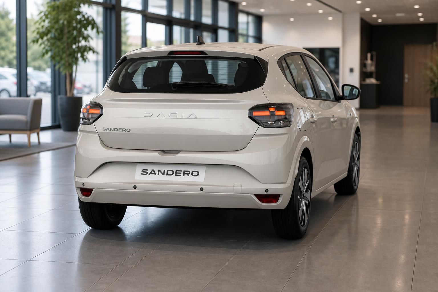 Dacia Sandero in Weiß, Heckansicht im Autohaus-Showroom