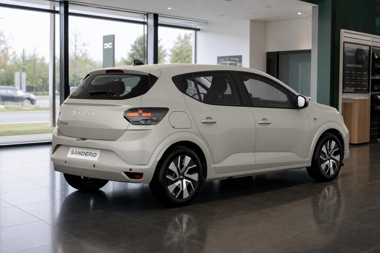 Dacia Sandero weiß, Heck-Seitenansicht in der Fahrzeugausstellung