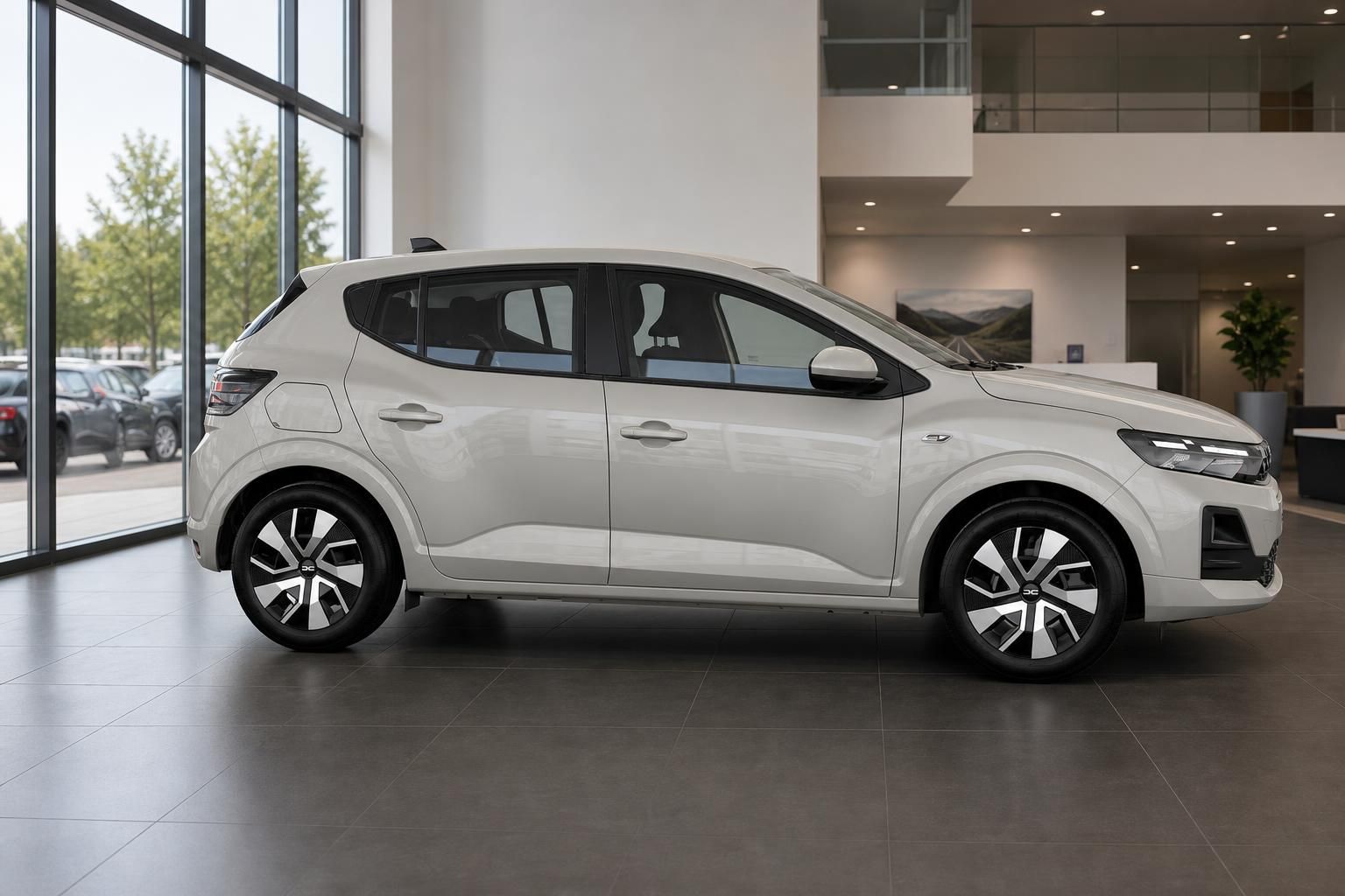 Dacia Sandero weiß, seitliche Perspektive im Autohaus