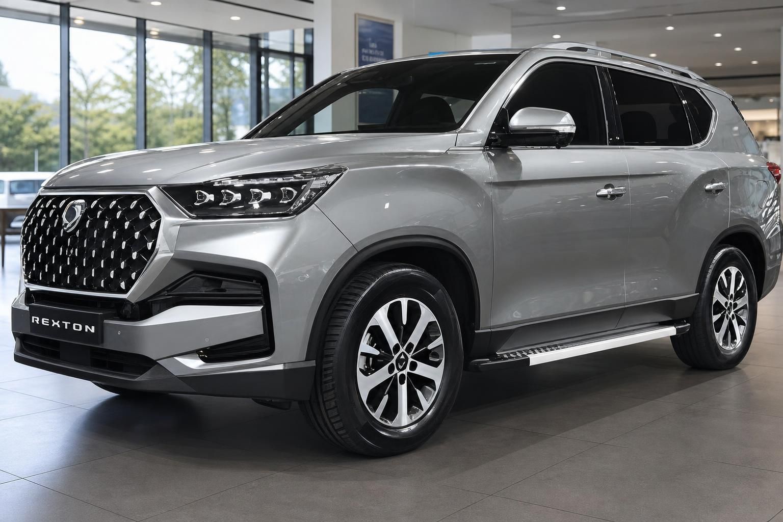 SsangYong Rexton silber Frontansicht schräg im Showroom – SUV mit Chromgrill und Trittbrett