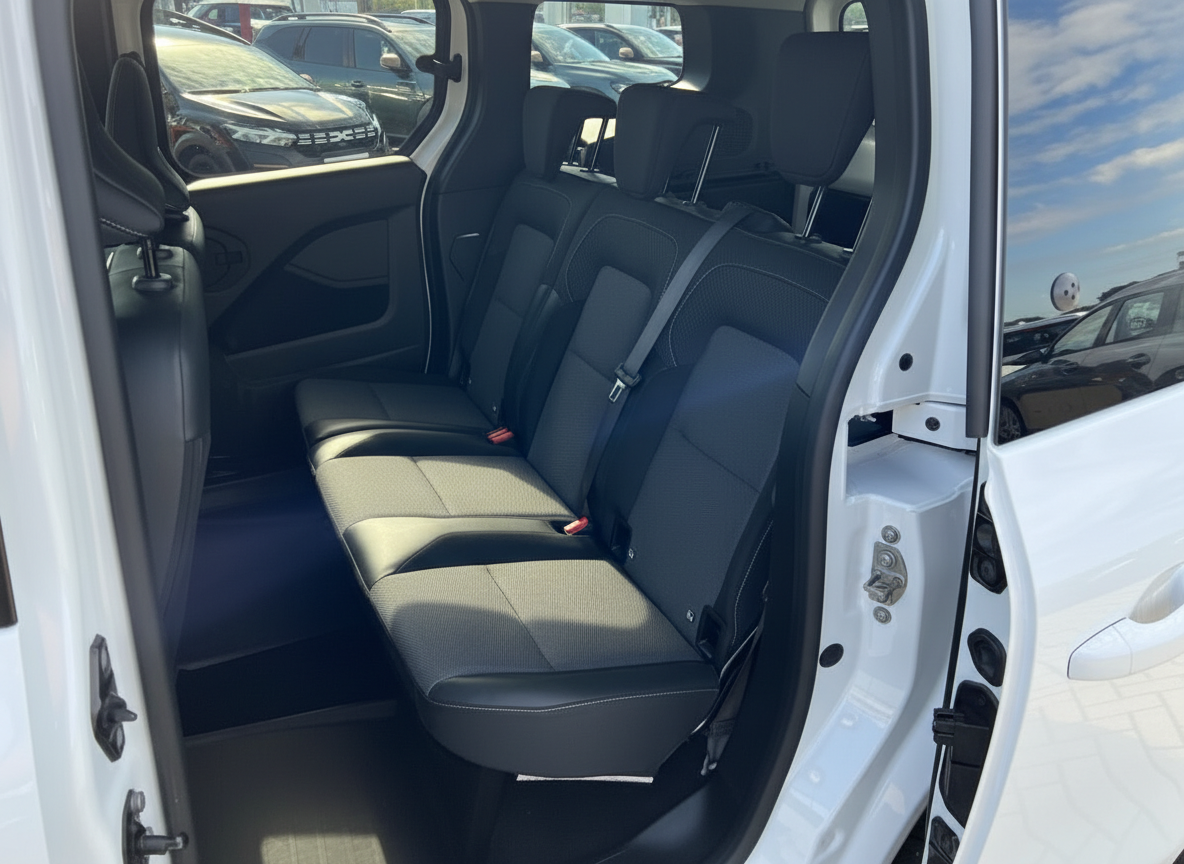 Fahrzeuginnenraum mit dunkelgrauem Dreier-Rücksitz und Sicherheitsgurten, weiße Karosserie