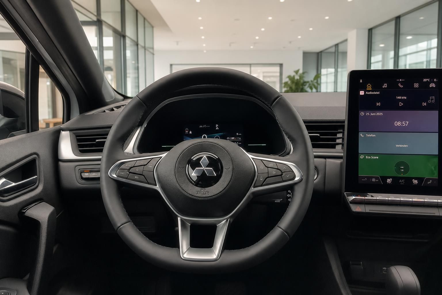 Fahrzeug Innenraum mit digitalem Cockpit und Lenkrad - Armaturenbrett Detail