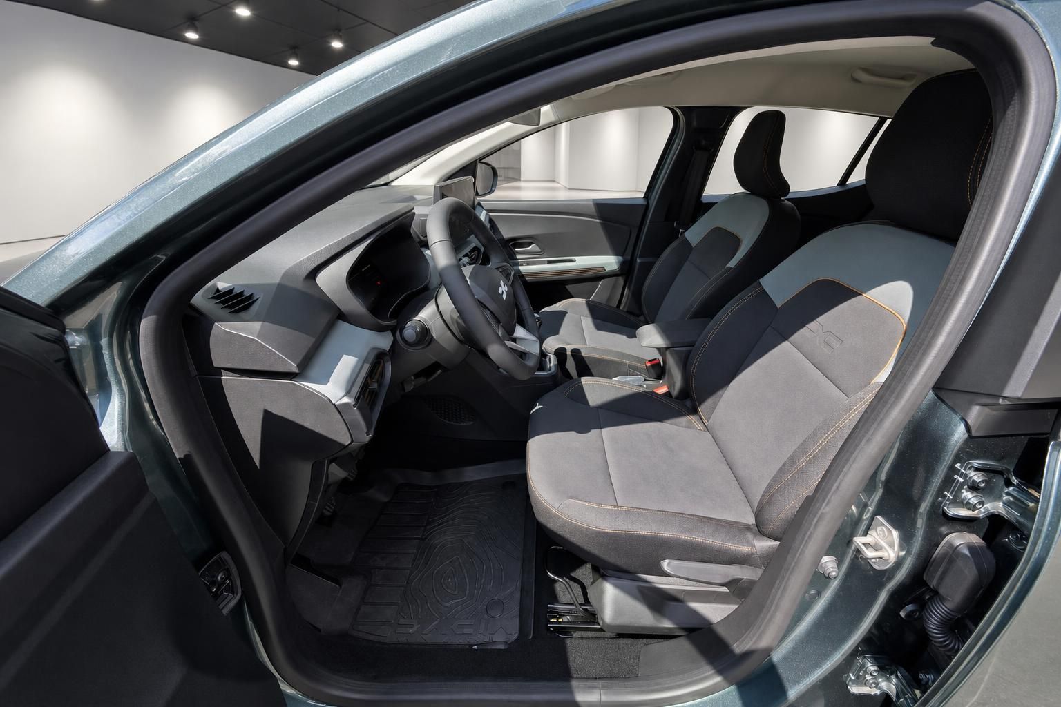 Blick durch offene Fahrertür auf Fahrersitz und Cockpit