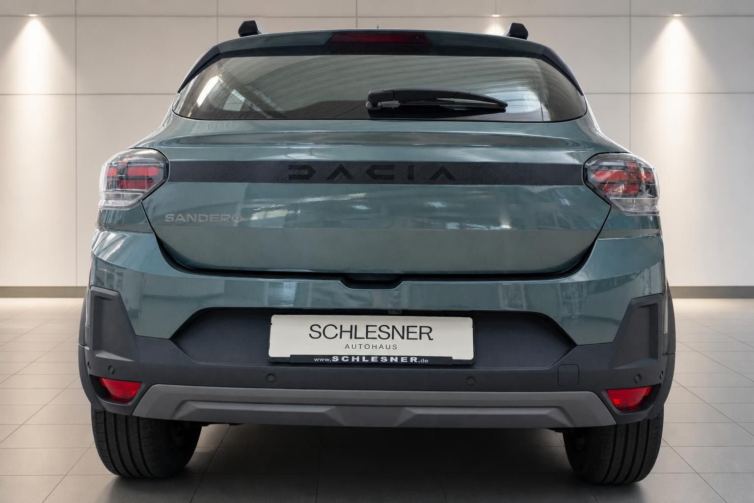 Dacia Sandero grün, Heckansicht frontal mit Kennzeichenhalter
