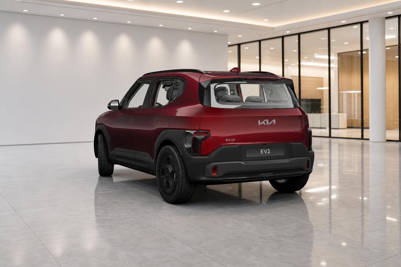 Kia EV2 in Rot, Heckansicht in stilvollem Showroom
