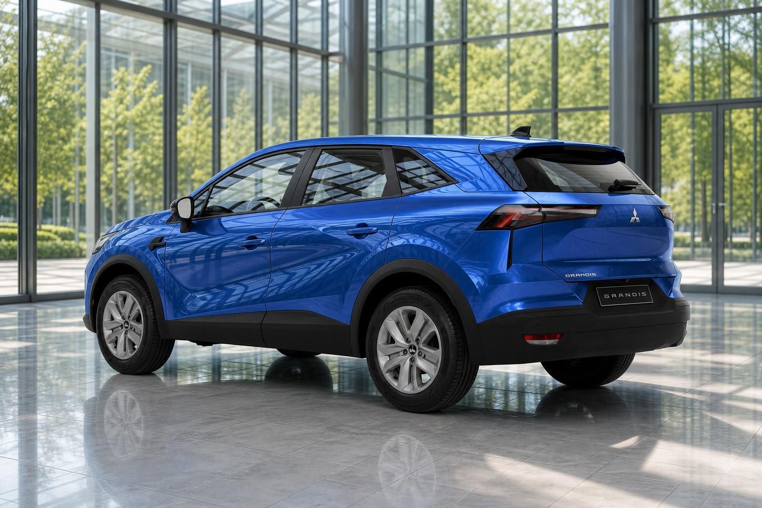 Mitsubishi Grandis blau Heck-Seitenansicht SUV im Showroom