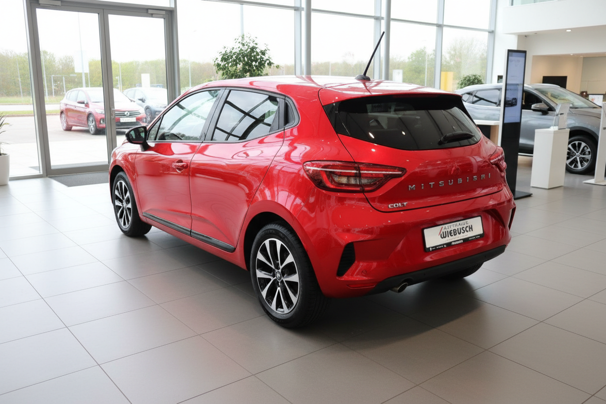 Roter Mitsubishi Colt Schrägheck im Autohaus Wiebusch, Heckansicht