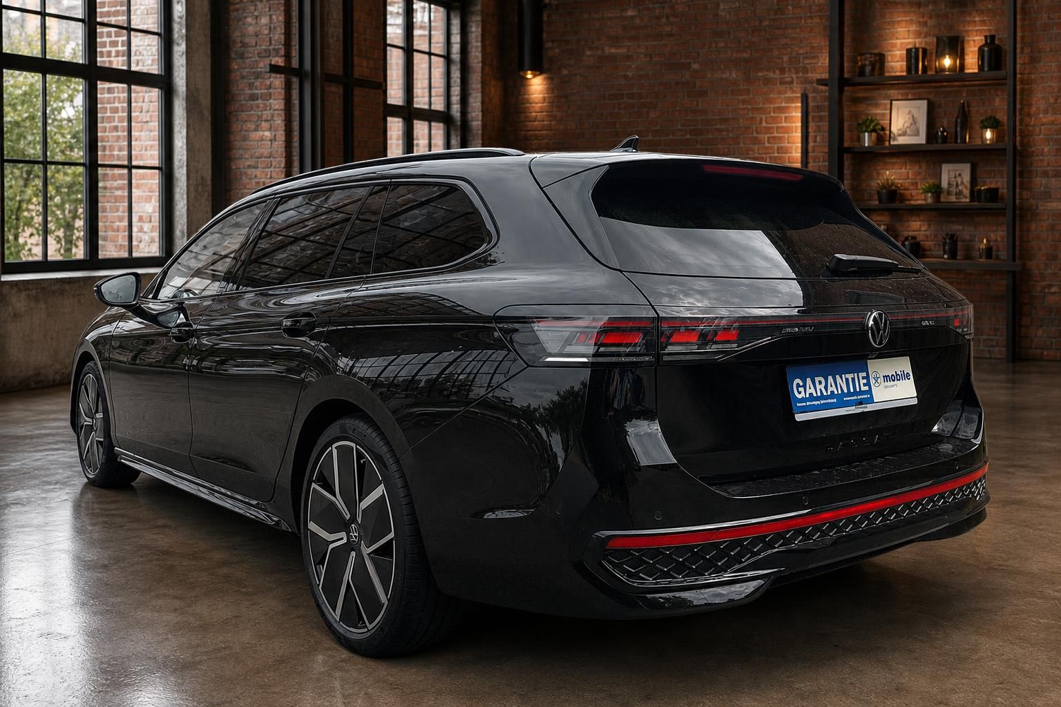 VW Passat Variant schwarz Heckansicht mit R-Line Ausstattung