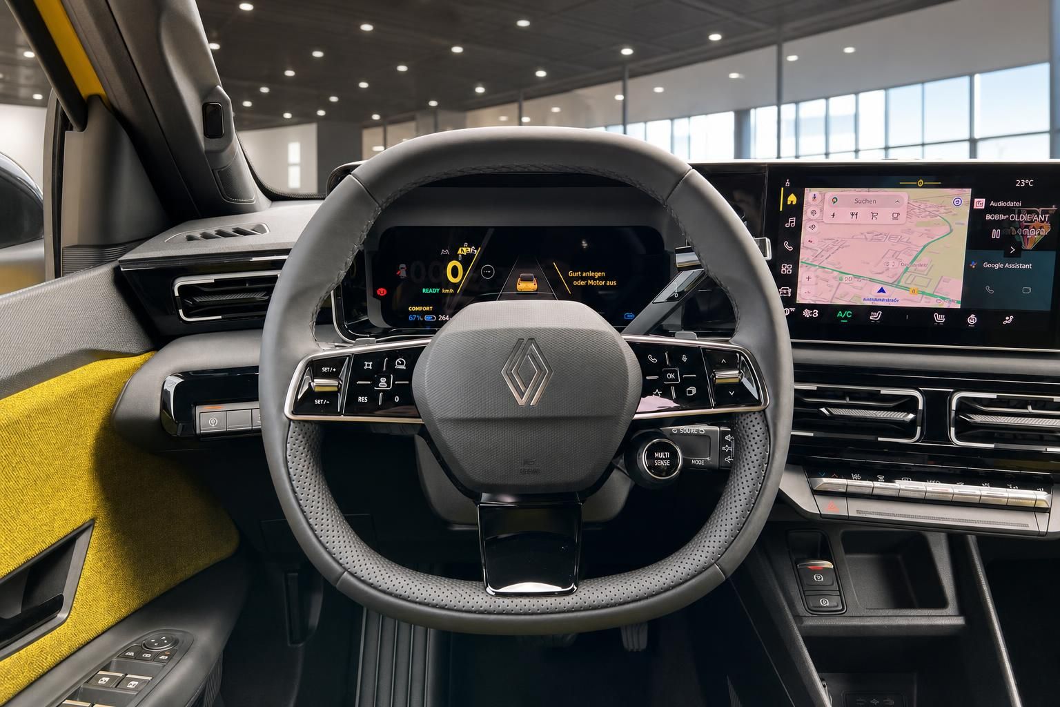 Renault Innenraum Cockpit mit Lenkrad, Digitalinstrumenten und großem Touchscreen-Display