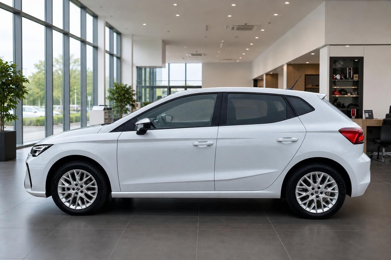 Weißer SEAT Ibiza Seitenansicht im Autohaus