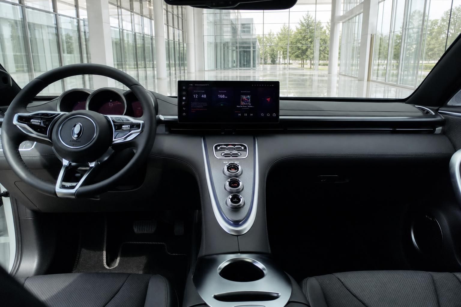 GWM ORA Cockpit mit Touchscreen-Infotainment, Lenkrad und schwarzem Interieur