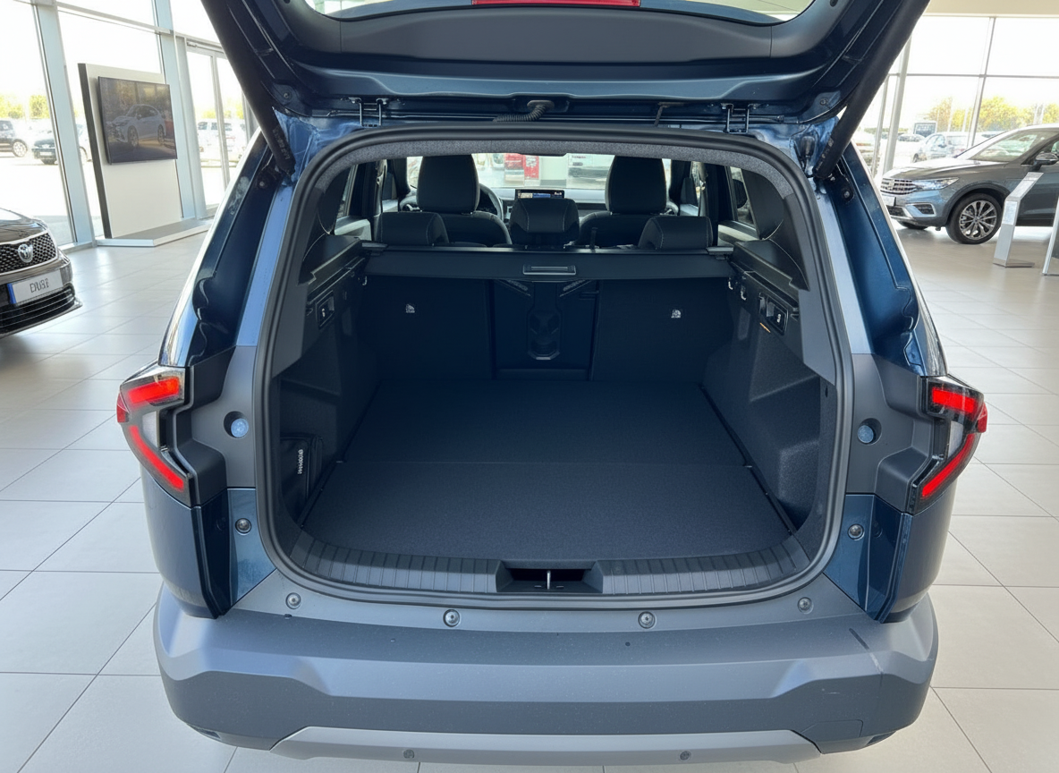 Toyota SUV Kofferraum geöffnet im Autohaus – geräumiger Laderaum in Blaugrau