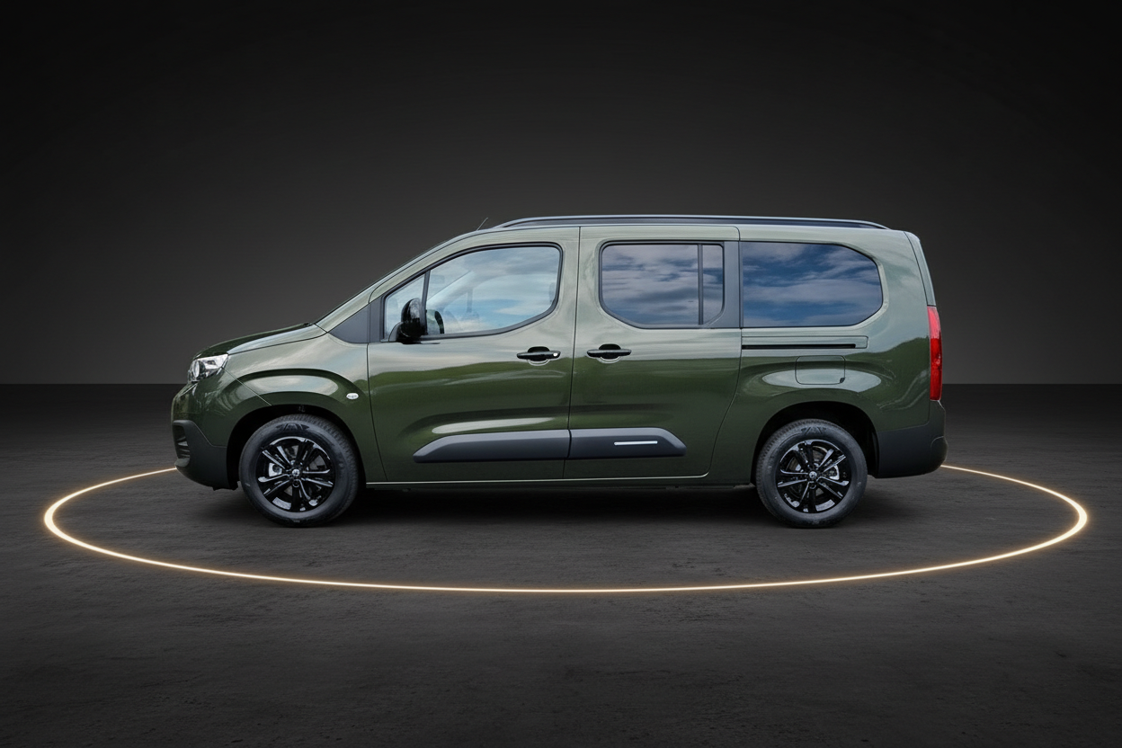 Opel Combo Life in Olivgrün – Seitenansicht kompakter Van mit Panoramafenster