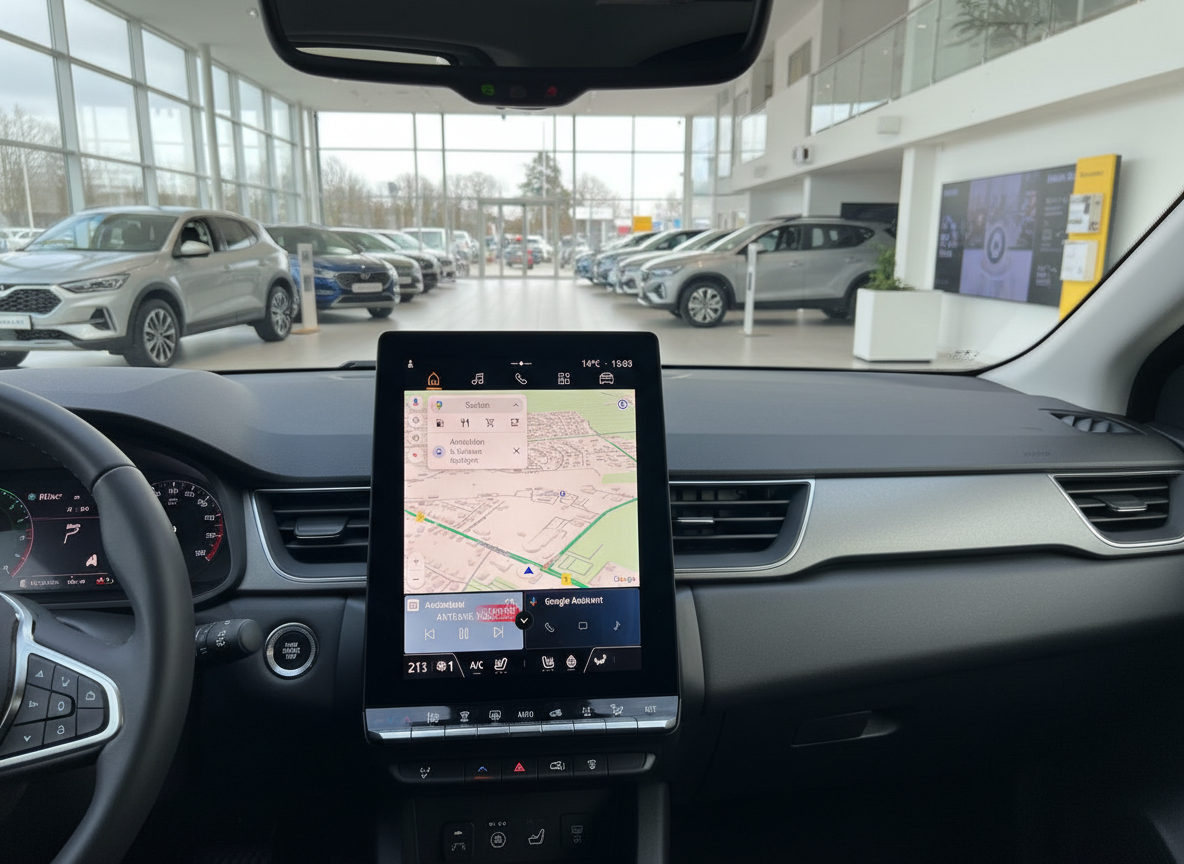 Renault Innenraum mit großem Touchscreen-Infotainment und Google Maps Navigation im Autohaus